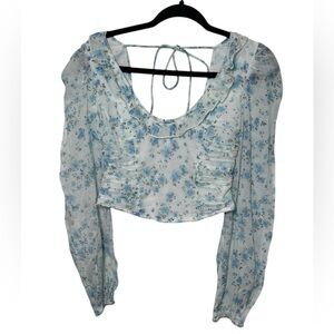 Free People Floral Long Sleeve Cropped Top with‎ Smocked Back and Tie NWT Preppy